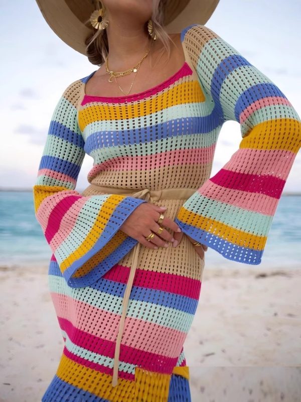 European And American Sexy Beach Dress Striped Colored Pullover Knitted Dress - Image 5