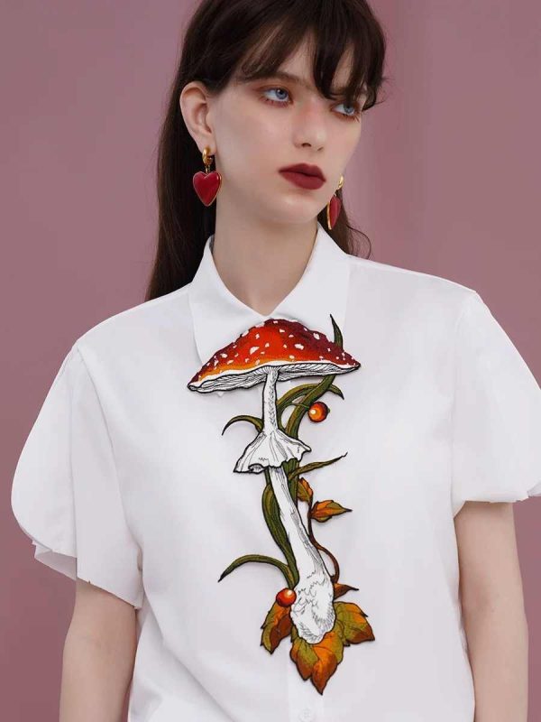 Knotless Machine Embroidery Vintage Mushroom Berry Tie For Women - Image 4