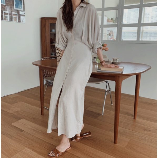 Loose Slimming Shirt Long Skirt Over The Knee French Retro Cotton Linen Dress - Image 2