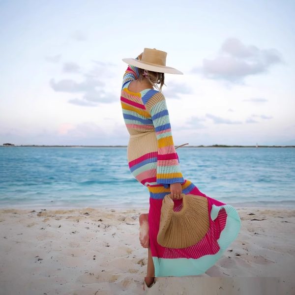 European And American Sexy Beach Dress Striped Colored Pullover Knitted Dress - Image 3
