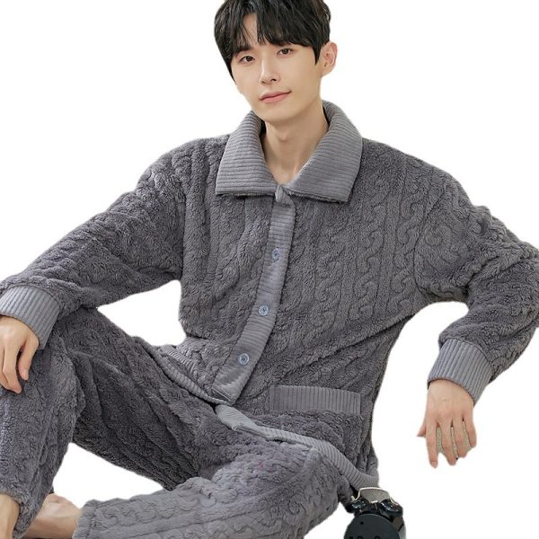 Men's Long Sleeve Cardigan Pajamas Outer Wear Coral Fleece Home Wear - Image 5