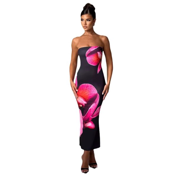 Printed Intellectual Temperament Drape Long Tube Top Sheath Dress - Image 5