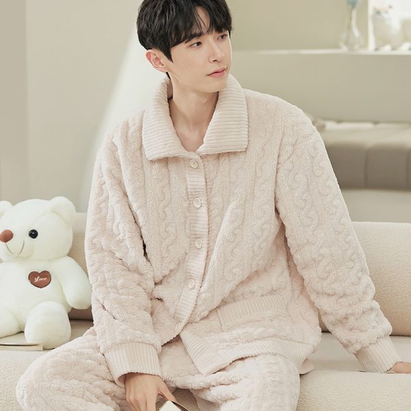Men's Long Sleeve Cardigan Pajamas Outer Wear Coral Fleece Home Wear - Image 9