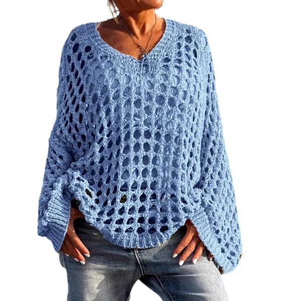 Loose Leisure All-matching Hollow Long Sleeve Plus Size Women's Knitted Sweater - Image 5