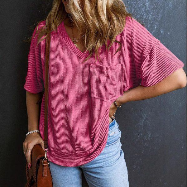 Fashionable Two-tone Pullover Short Sleeve V-neck Top For Women - Image 3