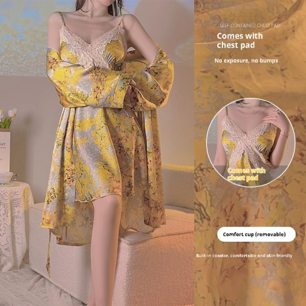 Yellow Floral Satin Cross Lace Waist Slimming Nightdress