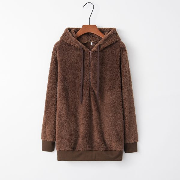 European And American Long Sleeve Hooded Solid Color Women's Fleece Pullover Coat - Image 10
