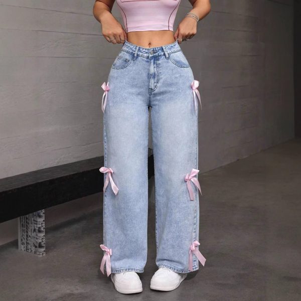 Bowknot Collage Washed Jeans Loose Straight-leg Wide-leg Pants - Image 4