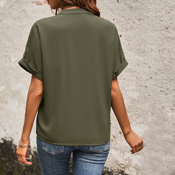 Women's European And American Solid Color And V-neck Pocket Elegant Shirt - Image 4
