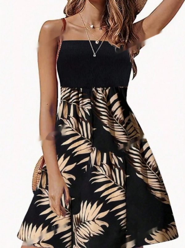 Summer Casual  Strap Dress With Patchwork Leaves Print - Image 3