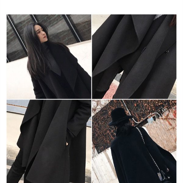 Black Medium Long Irregular Loose Cloak Woolen Coat - Image 4