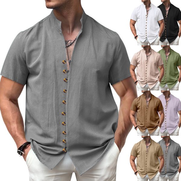 Linen Button Stand Collar Short Sleeve Shirt - Image 2