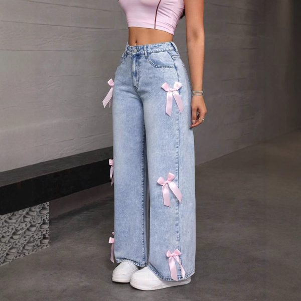 Bowknot Collage Washed Jeans Loose Straight-leg Wide-leg Pants - Image 2