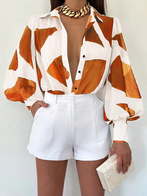 Women's Long Sleeve Allover Print Blouse With Shirt Collar, Casual Everyday - Image 2