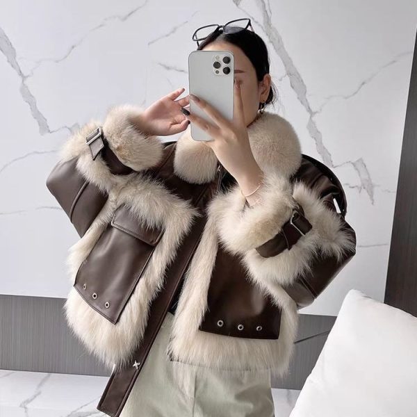 Sense Fox Fur Stitching Leather Coat - Image 6