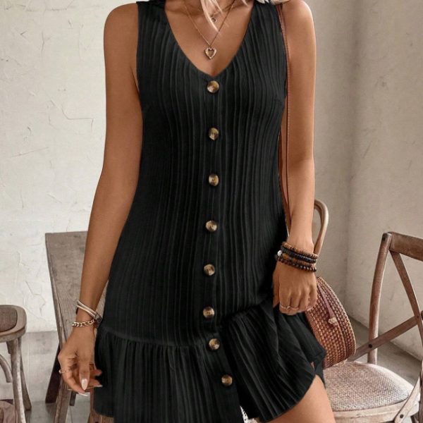 Women's Summer Sleeveless Ruffle Decor Casual Dress With Front Button