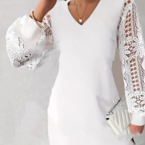 Lace Patchwork Knitting Dress V-neck