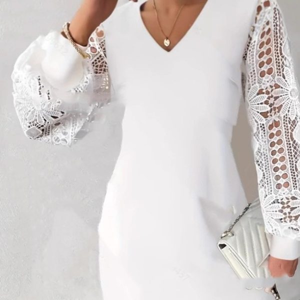 Lace Patchwork Knitting Dress V-neck