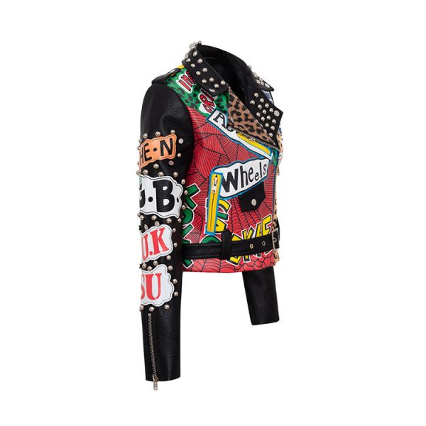 Chain Leather Jacket Printed Half  Collar Stud Cropped Top Slim - Image 4