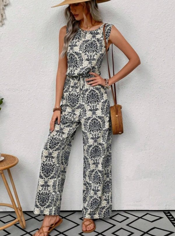 Printed Waist Cinching Casual Straight Leg Pants Set - Image 2