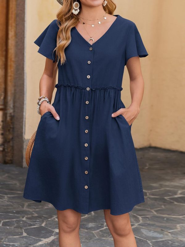 Button Butterfly Sleeve Cotton Linen With Pocket Beach Dress - Image 6