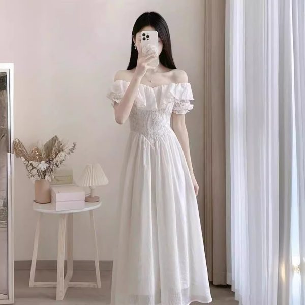 Summer French Style High-grade Off-shoulder White Dress Women - Image 3