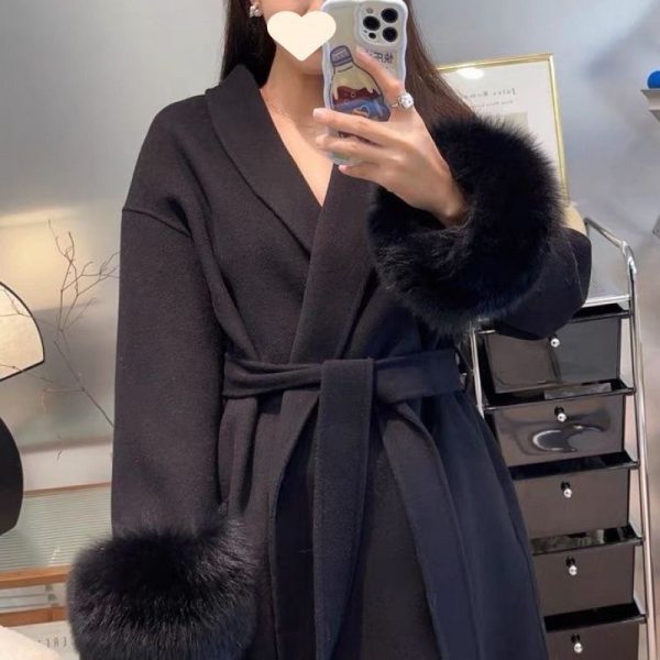 Lace-up Furry Sleeves Thin Hepburn Style Woolen Coat - Image 7