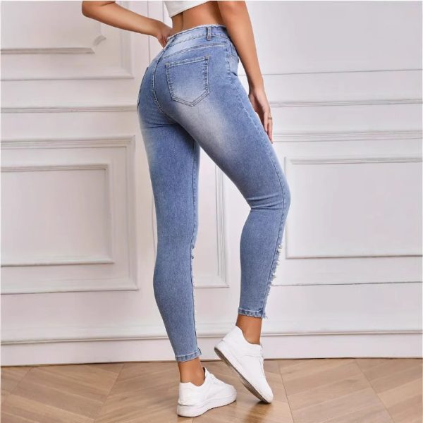 Women's High Waist Stretch Denim Trousers Pearl Ripped Tassel - Image 4