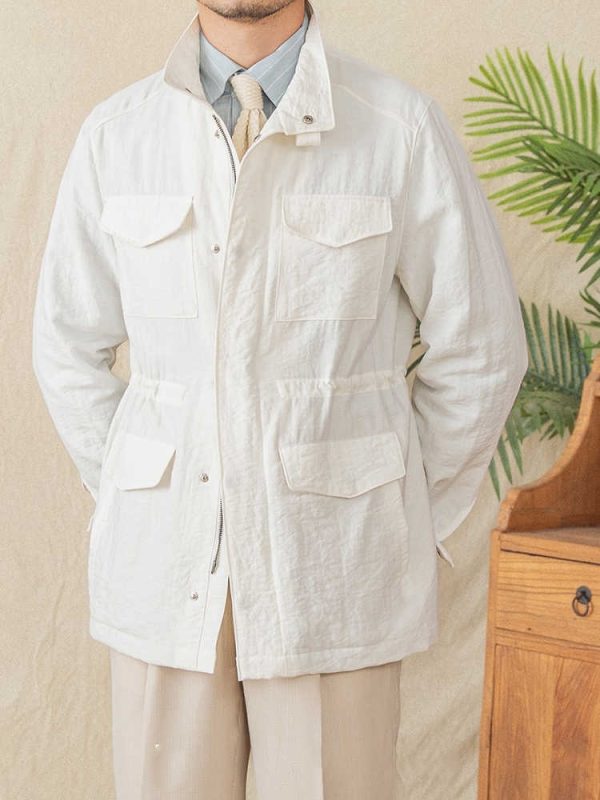 Stand Collar Jacket Linen Blended Breathable Gentry Safari Jacket Coat - Image 4