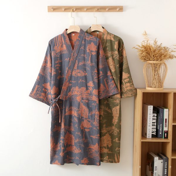 Men's Cotton Gauze Kimono Long Dress Bathrobe - Image 9