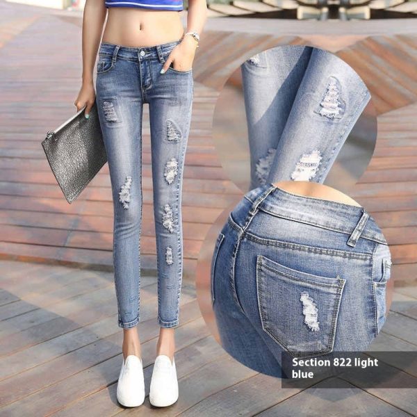 Cropped Jeans Women's Skinny Stretch Tight Ripped Pencil Pants - Image 2
