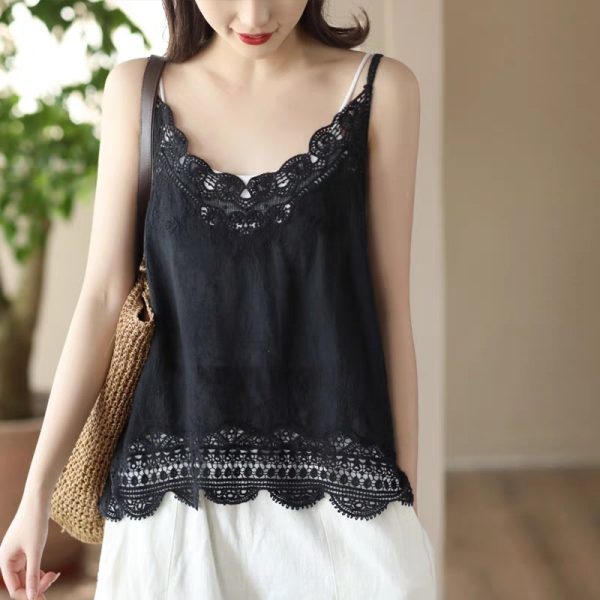 Retro All Cotton Hollow Embroidered Lace Vest - Image 4