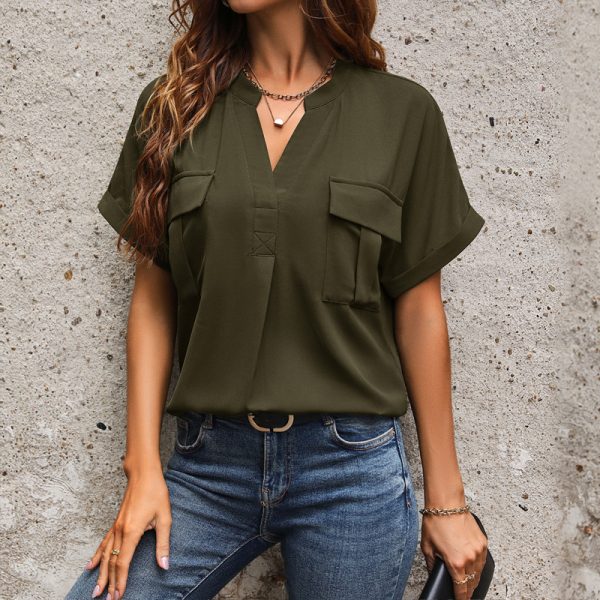 Women's European And American Solid Color And V-neck Pocket Elegant Shirt - Image 6