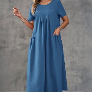 Women Solid Color Dual Pocket Casual Beach Dress
