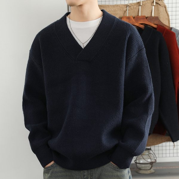 New V-neck Fashion Men's Solid Color Coarse Yarn Knitted Sweater - Image 8