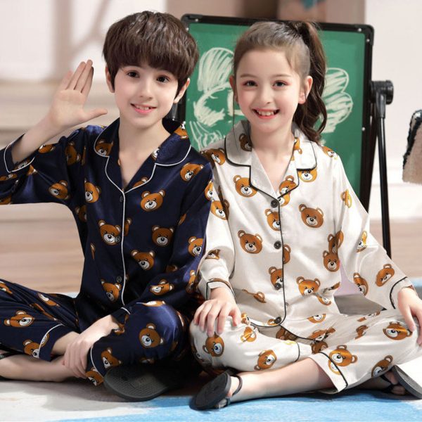 Long sleeve ice silk bear pajamas set for boys and girls - Image 4