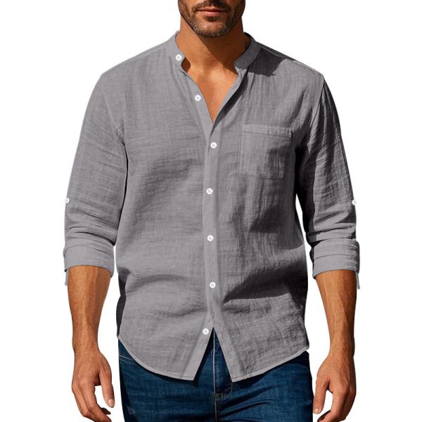 Long Sleeve Stand Collar Casual Men's Pocket Shirt - Image 10