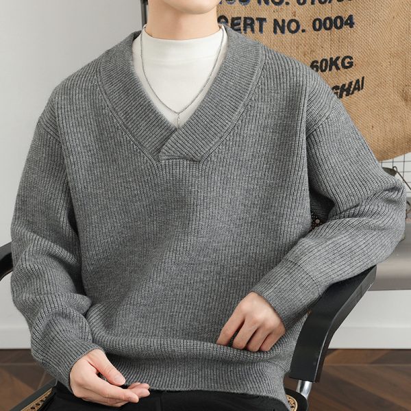 New V-neck Fashion Men's Solid Color Coarse Yarn Knitted Sweater - Image 6