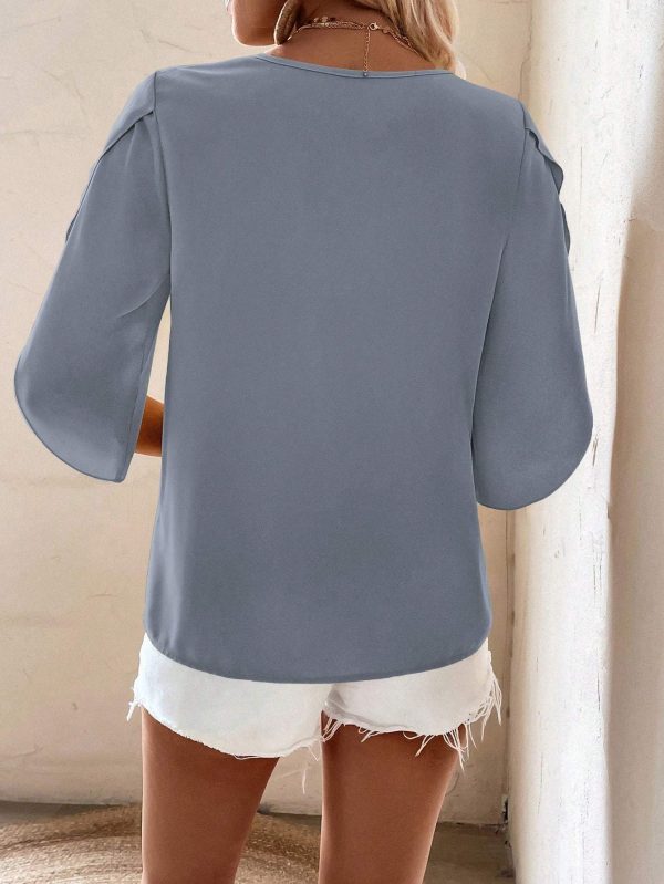 Solid Asymmetrical Neck Petal Sleeve Blouse - Image 4