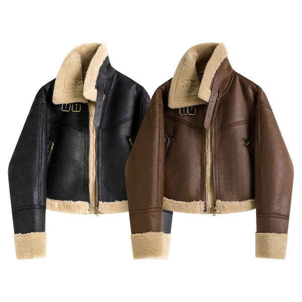 Stand Collar Fur Integrated Lamb Fur Short Coat - Image 4