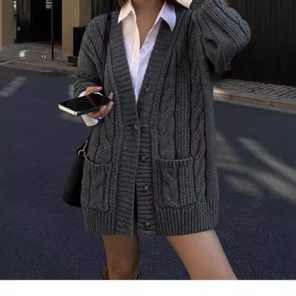 European And American Solid Color Cable-knit Sweater Knitted Cardigan Jacket - Image 2