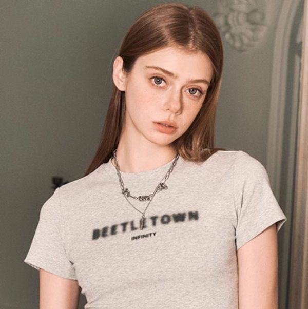 Fuzzy Letter Slim Fit Short T-shirt For Women - Image 2