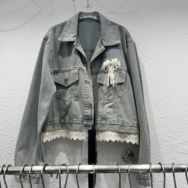 Fashion Lace Bow Patchwork Denim Jacket - Image 2