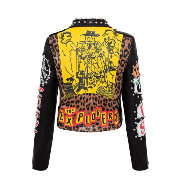 Chain Leather Jacket Printed Half  Collar Stud Cropped Top Slim - Image 3