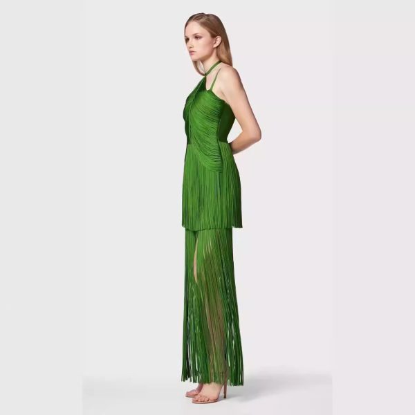 Green Halter Spaghetti Straps Tassel Dinner Ball Dress - Image 3
