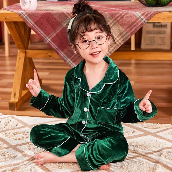 Children's Gold Velvet Solid Color Pajamas Set - Image 4