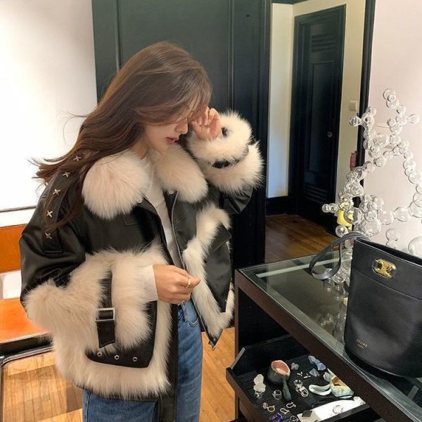 Sense Fox Fur Stitching Leather Coat - Image 7