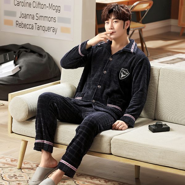 Autumn And Winter Flannel Men's Pajamas Men's Lapel Cardigan - Image 8