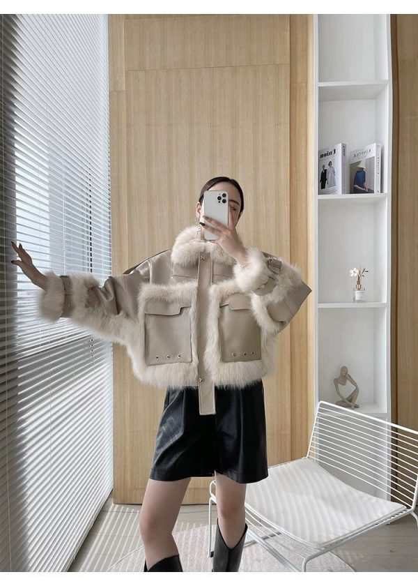 Sense Fox Fur Stitching Leather Coat - Image 9