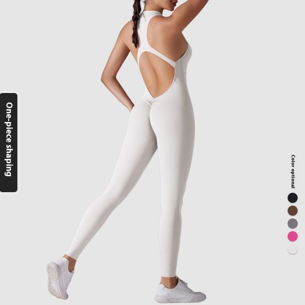 Solid Color Nude Feel High Strength Tight Sports Back Shaping Long Jumpsuit - Image 7